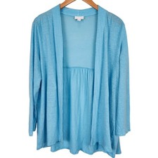J Jill Love Linen Cardigan Sweater Size Large Petite Blue Lightweight Open Front