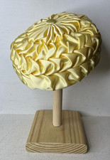 VTG MCM 1960s Womens Ladies Yellow Ruffled Satin Hand Made  Sewn Pillbox Hat