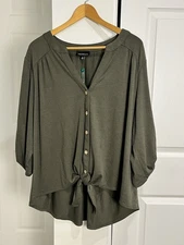 Fortune + Ivy Tie Front Blouse 3/4th Sleeves Button Detail XL Career Casual NWT