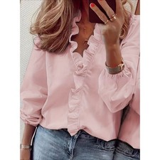 Womens Ruffle V Neck Shirts Ladies Work Casual Tops Long Sleeve Blouse Size 6-20