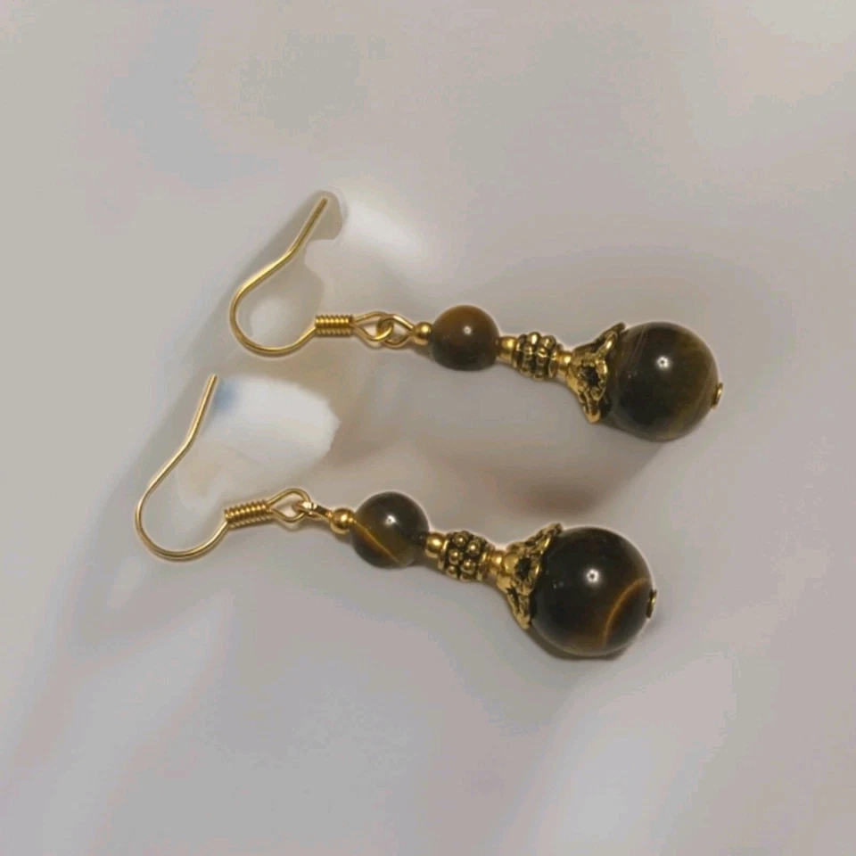 TIGERS EYE Gemstone Earrings In Gold Plate.drop Dangle - Image 3 of 4