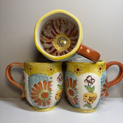 Anthropologie BOHO biscuit mug set beautifully painted inside & out 4 