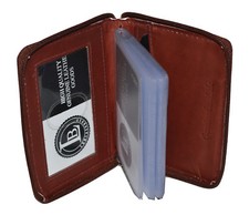 CREDIT CARD PICTURE HOLDER ALL AROUND ZIPPER BROWN 24 PAGES GENUINE LEATHER