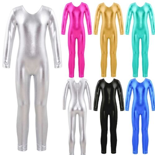 Girls Shiny Round Neck Footless Unitard Full Body Catsuit Dance Leotard Bodysuit - Picture 1 of 33