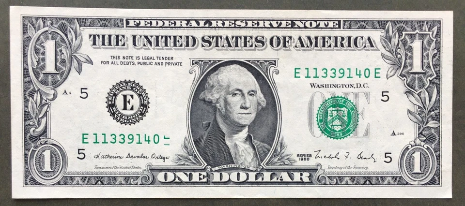 1988 $1 FRN MISALIGNED DIGIT ERROR ~ STUCK SUFFIX ~ Serial #  E 11339140 E/F - Image 4 of 4