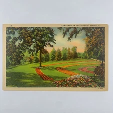 Postcard Illinois Aurora IL Phillips Park Flower Beds 1940s Linen Unposted