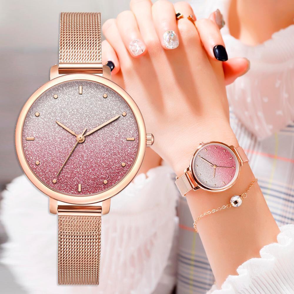 Gradient Starry Quartz Waterproof Watch with Alloy Case and Onion Crown