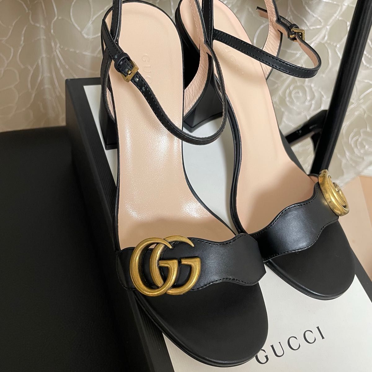 Gucci Marmont GG Black Leather Mid Heels Sandals Shoes Pumps Gucci Marmont GG Black Leather Mid Heels Sandals Shoes Pumps