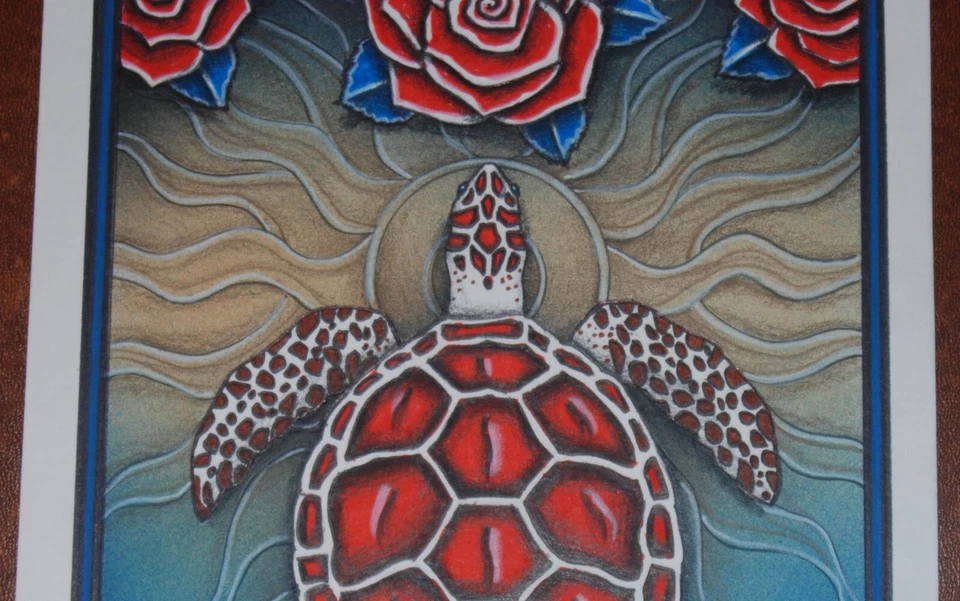 Michael Everett Original Art Red Sea Turtle 2007 Grateful Dead Blue Rose & Sun - Image 3 of 4