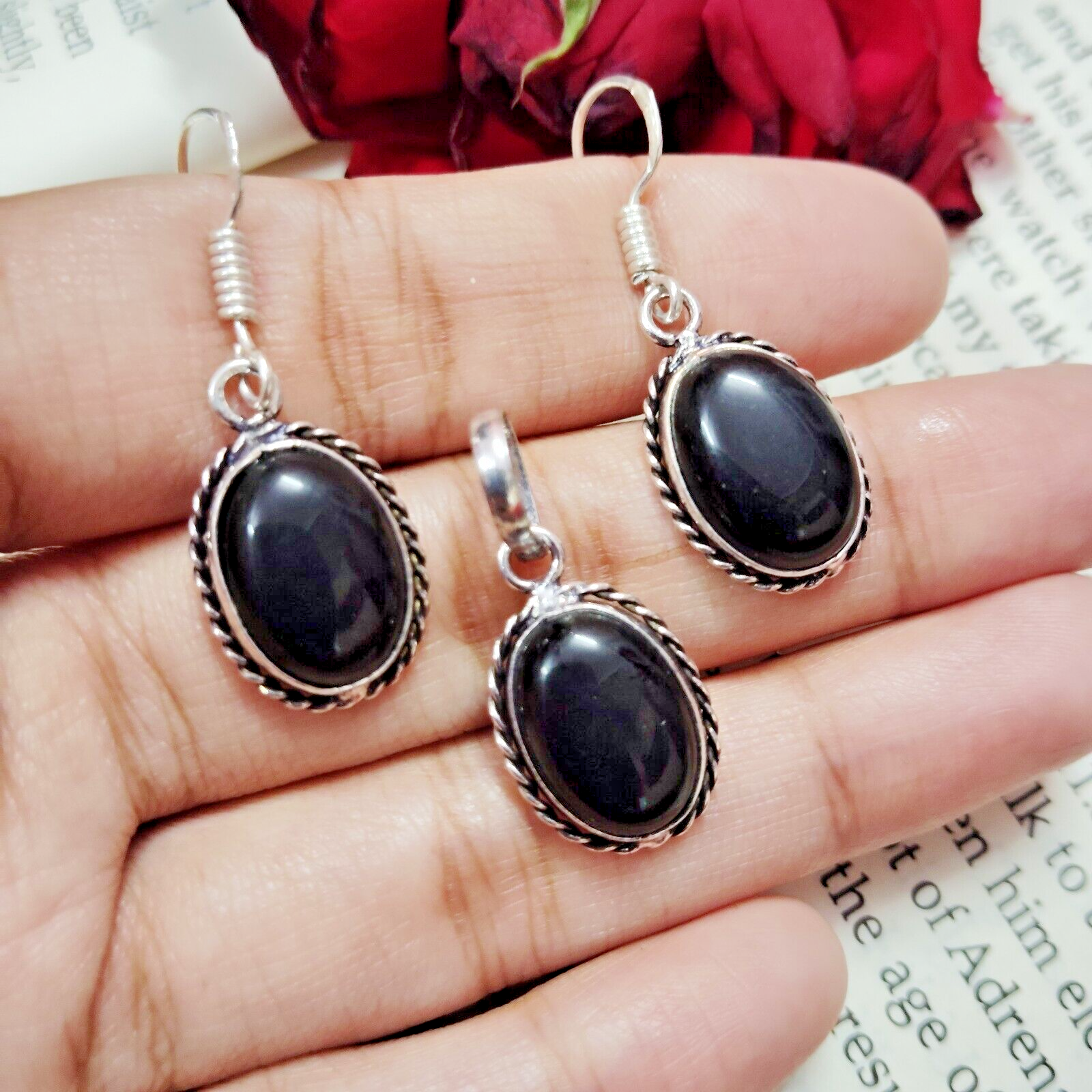 Dainty Black Onyx Gemstone 925 Sterling Silver Plated Boho Earring & Pendant Set