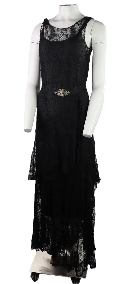 Vtg 30s 40s USA Women’s S M Black Lace Tiered Slip Maxi Gown Dress Deco Clip - Image 3 of 4