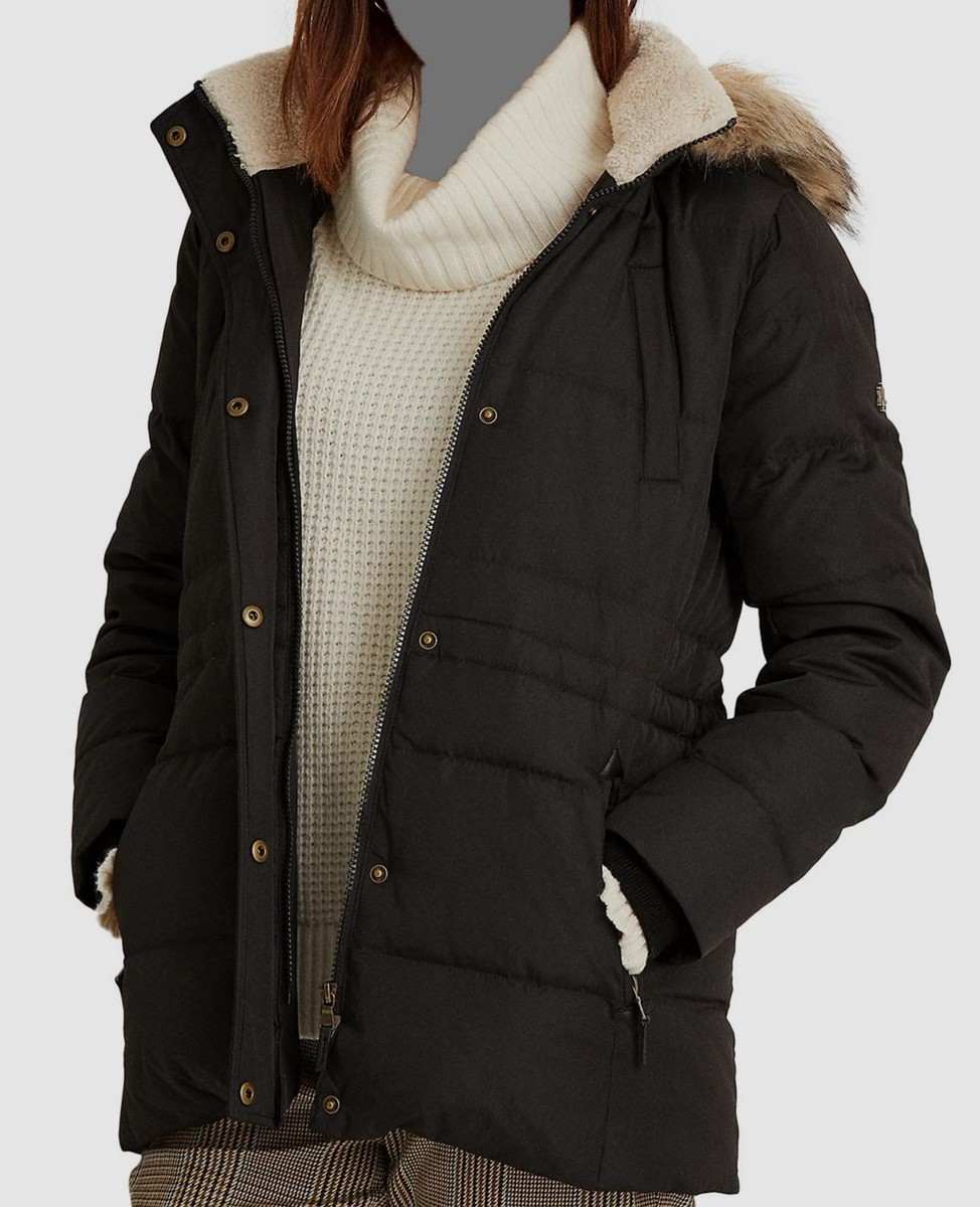 $295 Ralph Lauren Women's Black Faux-Fur Trim Hooded Puffer Coat Jacket  Size XS
