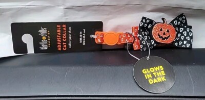Thrills & Chills Glow In Dark Cat Collar Size 8''-12'' Halloween Pumpkin Bowtie