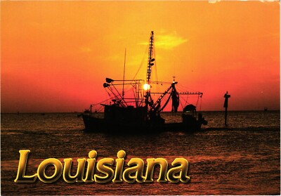 Vtg Postcard Fishing Boat Ocean Sunset Coastal Louisiana LA Vignette Continental