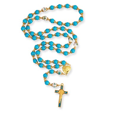 St. Benedict Turquoise Rosary Beads Catholic Necklace Flowers Mystery Beads