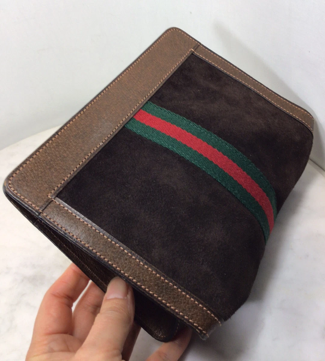 Vintage GUCCI Sherry Line Brown Suede Leather Trim Clutch Bag Rare