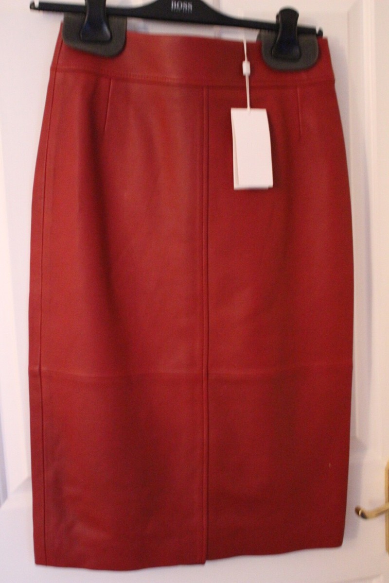 NEW HUGO BOSS RED SELRITA LAMB LEATHER PENCIL SKIRT ASO ROYAL SIZE
