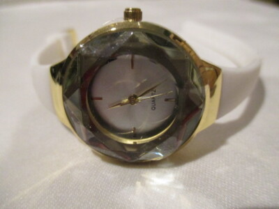 AVON Prism Skinny Strap Watch Goldtone Case with 9'' White Silicone Strap 
