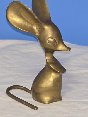 Vintage MCM Solid Brass Mouse Figurine  5'' Big Ears Long Tail Solid Casting
