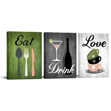 Canvas Set of 3 Green and Grey Modern Kitchen and Dining Room Wall Art Home Deco