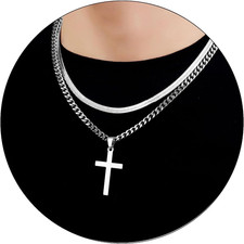 Layered Cross Necklace for Men Boys Stainless Steel Layered Snake Chain Cuban Li