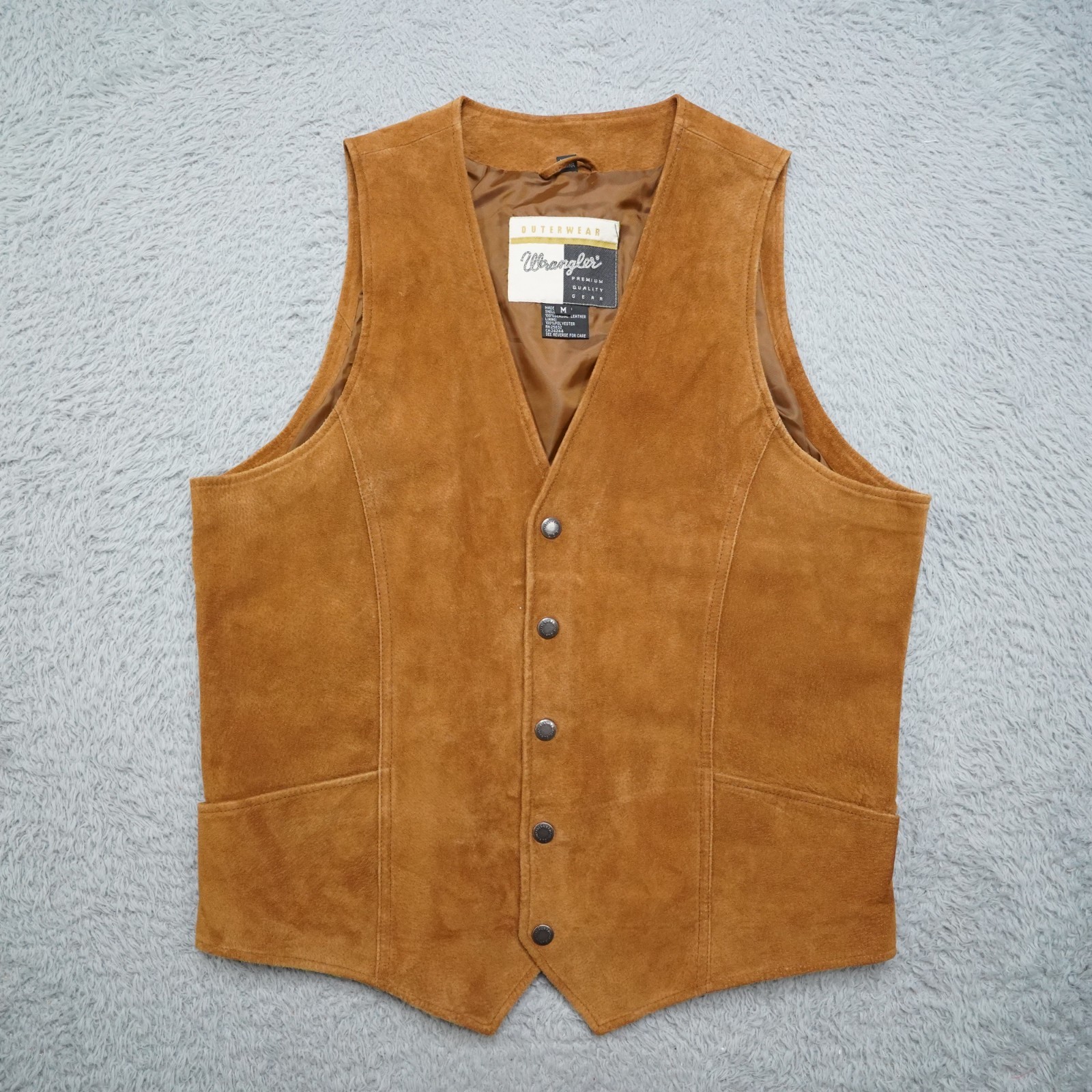 Vintage Wrangler Leather Vest Mens M Brown Premium Snap Cowboy Western Work