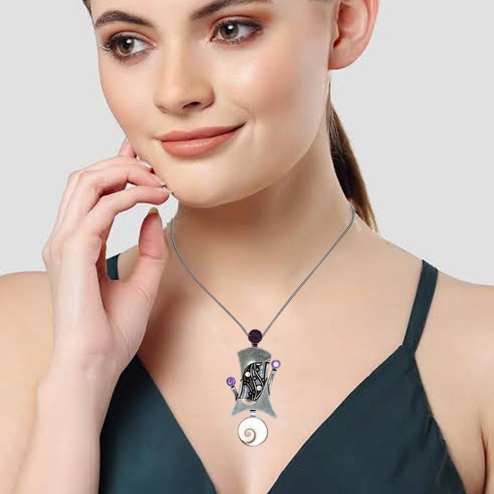 Shiva Shell Tanzanite Silver Pendant Jewelry for Women and Men 2.75 Inch