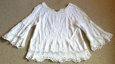 Womens Top-DEMOCRACY-white crochet embroidered Cottagecore Boho Festival bell-S - Image 1 of 4