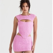 House of CB Angel Mini Skirt Pink Textured Crinkle Bodycon Womens Size S