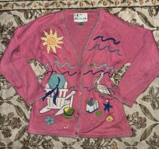 Vintage Coastal/Grandmacore Quacker Factory Beach Summer Design Sweater Cardigan