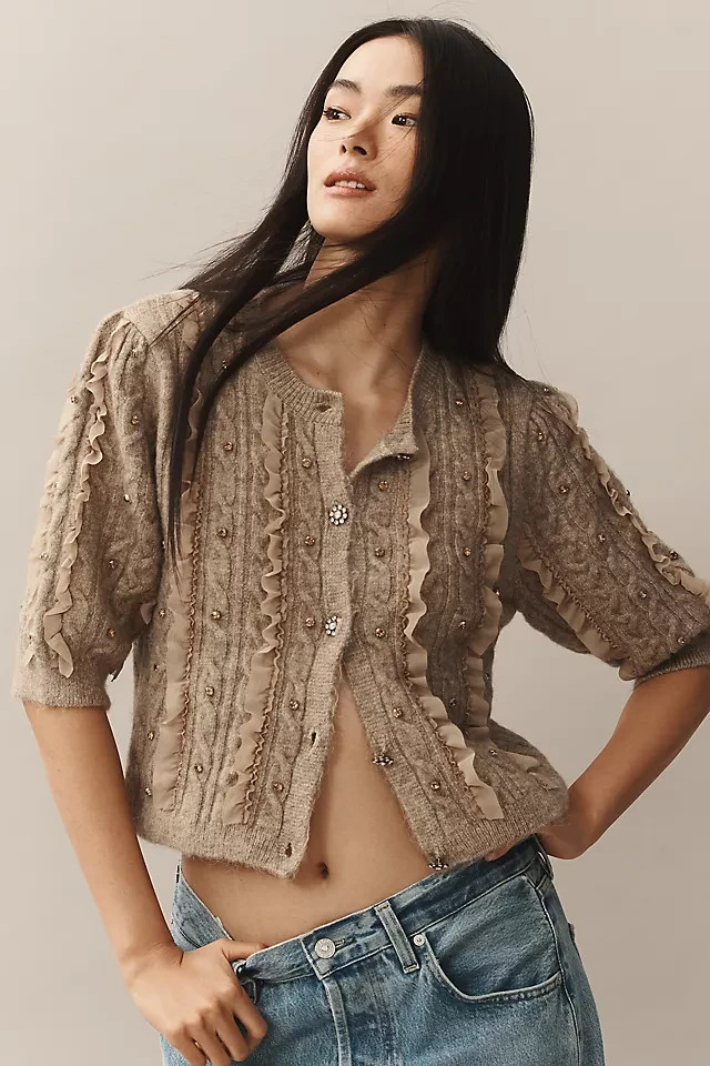 Maeve Short-Sleeve Embellished Ruffled Cardigan L