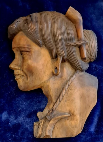Antique Hand Carved Wood Native/Tribal Woman, Fine Detail Silhouette Vintage