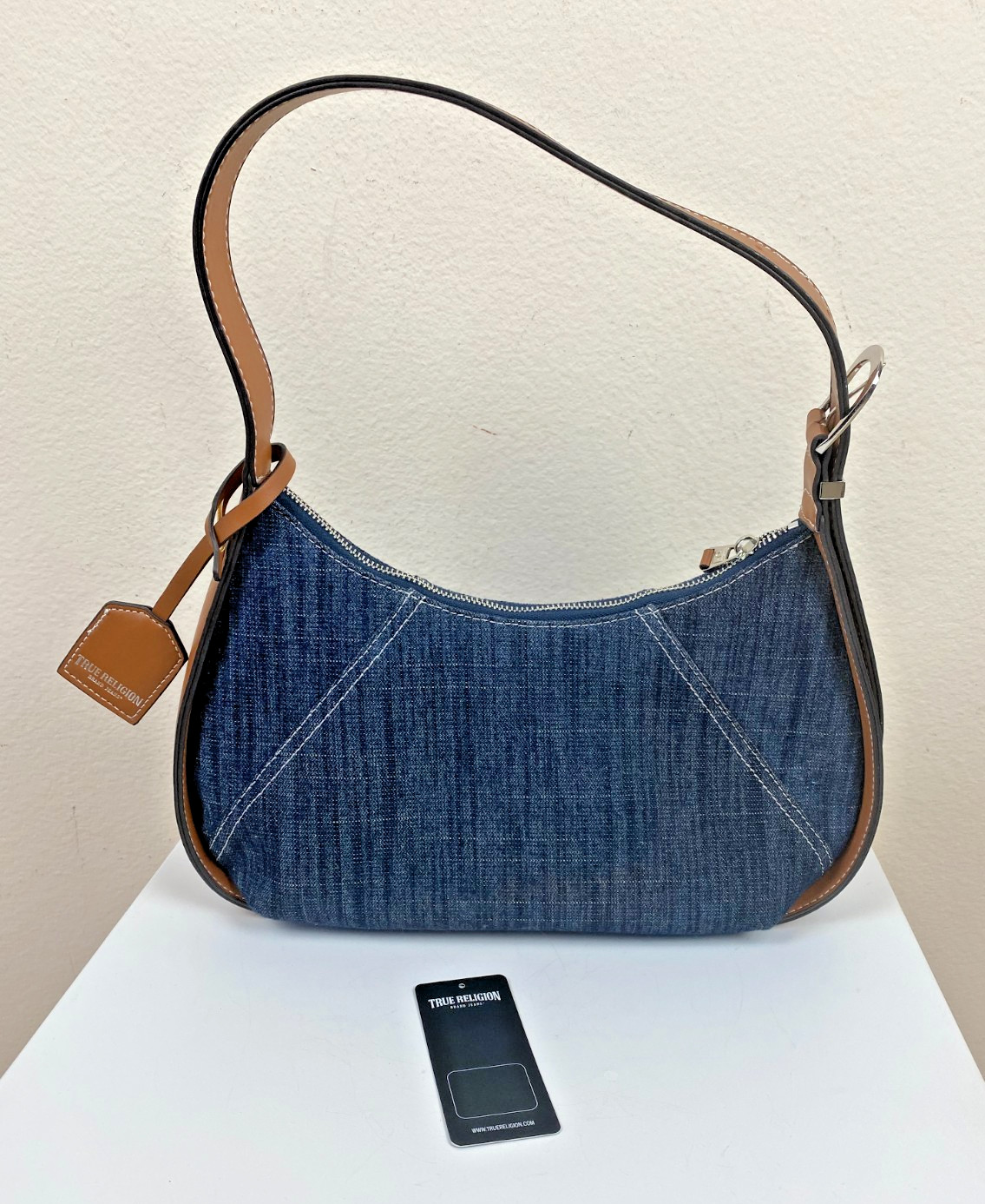 New TRUE RELIGION Blue Denim Raised Horseshoe Hobo Shoulder Bag Studds 14" x 9" thumbnail 2