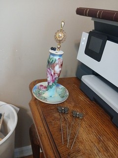 Vintage Hand Painted Porcelain Hat Pin Holder Pins & Butterfly Hair Pins