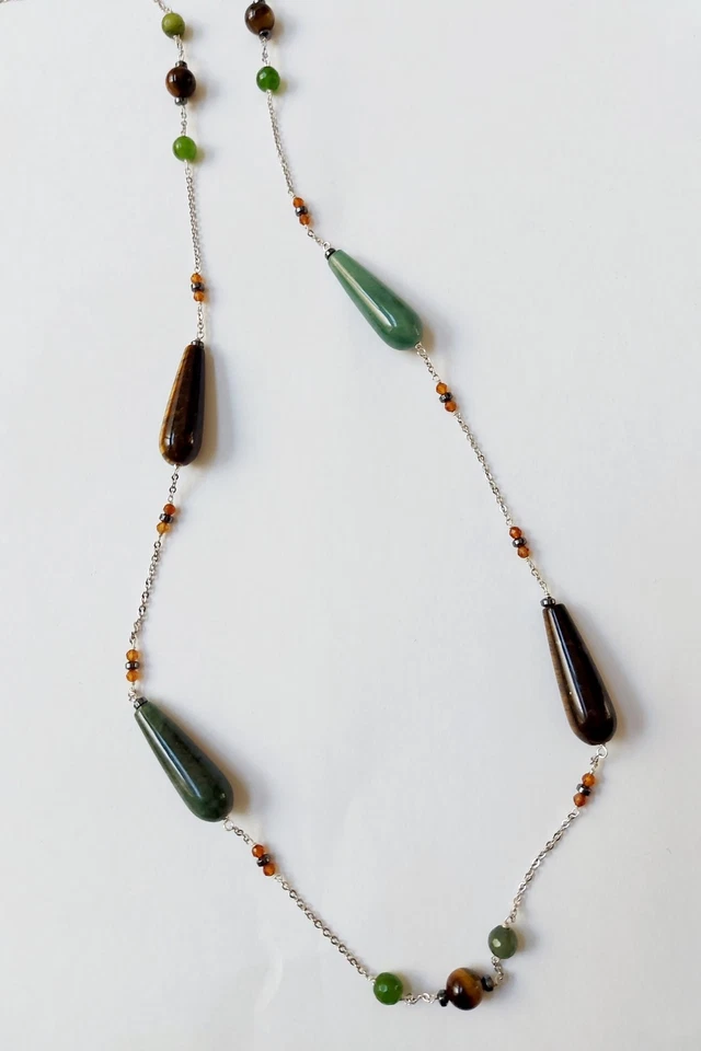 collana in argento 925 e pietre con giada occhio di tigre ed ematite lunga 80 cm - Immagine 3 di 4