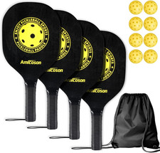 Pickleball Paddles - Set of 4 Wooden Paddles, Indoor  Outdoor Balls, Ergonomic