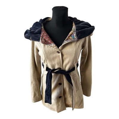Wendejacke Damen XS Wollanteil Patchwork Kapuze Samtdetails Tailliert Beige Bunt