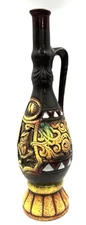 VTG Italian Terracotta Empty Wine Jug Decanter Colorful Embossed Design 13" T