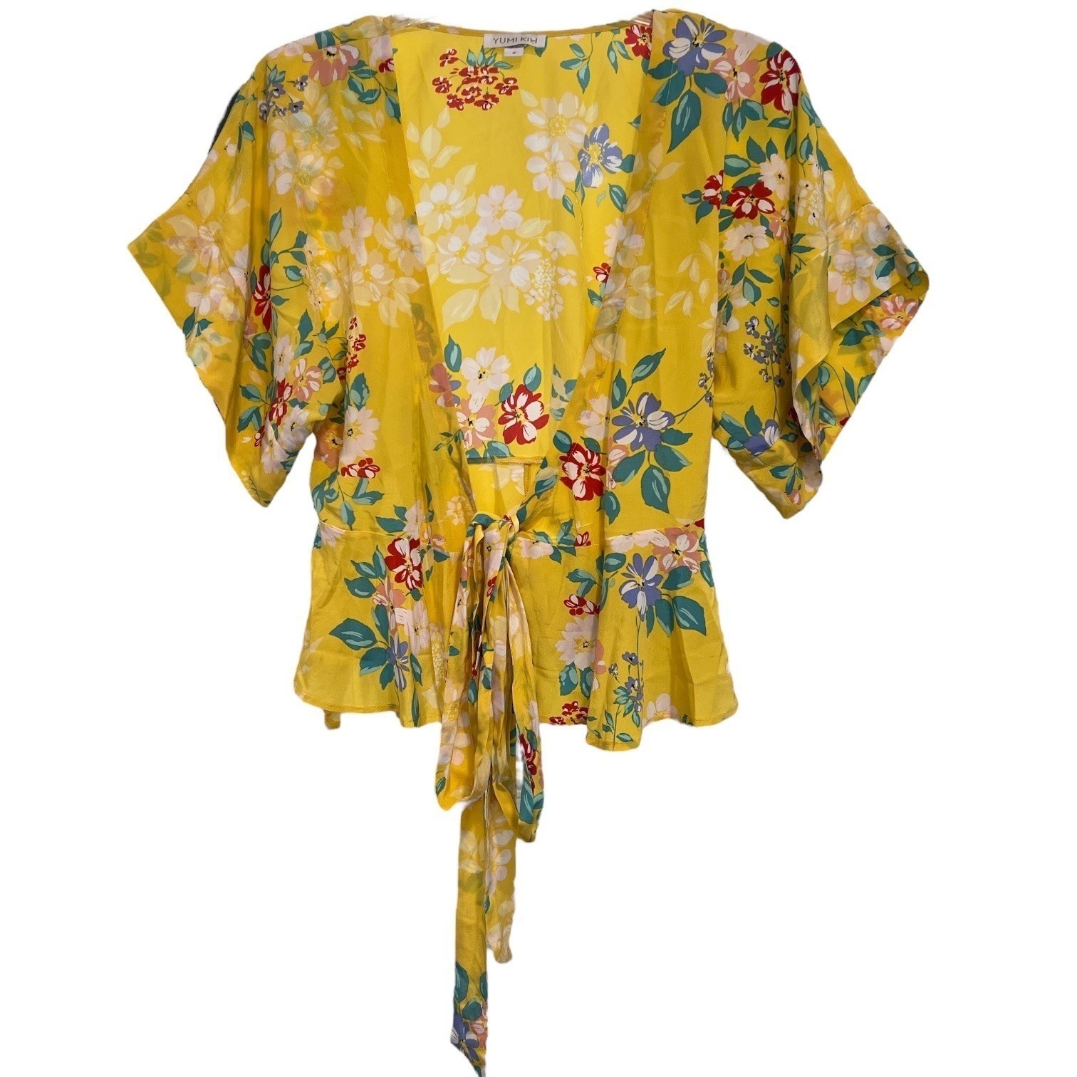 Silk Floral Kimono Wrap Cropped Top Yellow Small Spring Romantic Feminine Boho