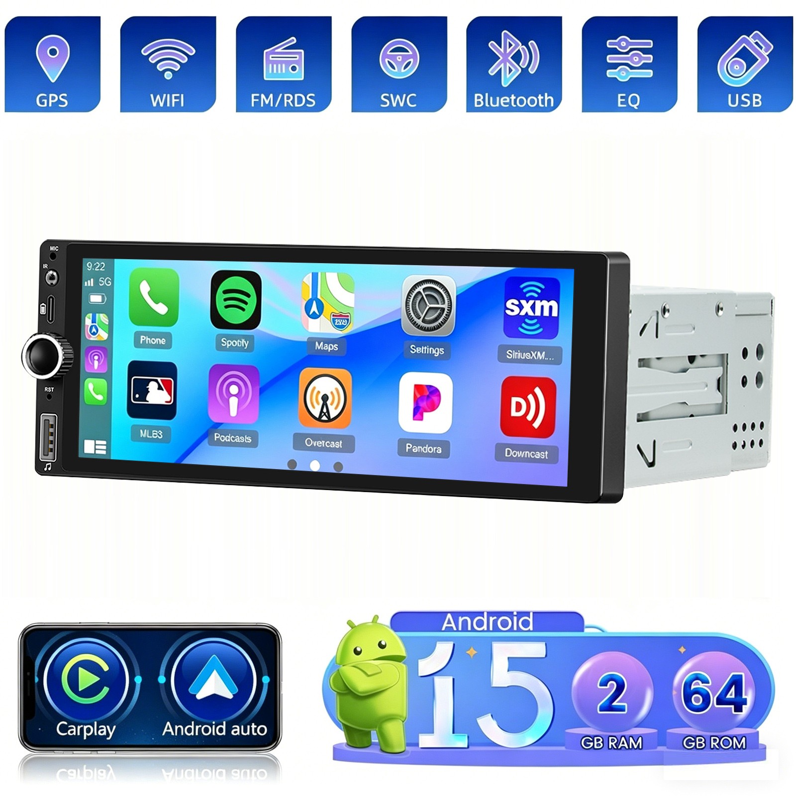 Autoradio DAB+ Android 15 1 DIN Carplay con schermo GPS Navi RDS BT WIFI USB