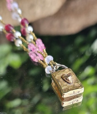 Jes MaHarry lila & Gold Perlen 14kt Gold Anhänger Herz Halskette signiert 20''