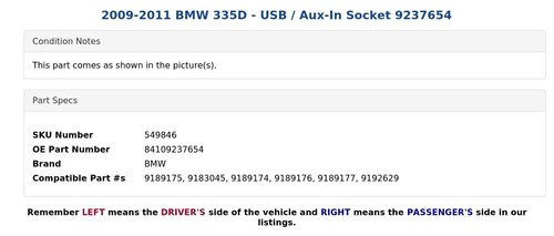 2009-2011 BMW 335D - USB / Aux-In Socket 9237654 - Afbeelding 3 van 3