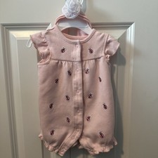 Little Me 3M ladybug 100 cotton Romper w/ matching white rosette headband