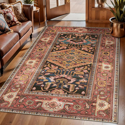 3X5 Washable Rug Non Slip, Vintage Orange Red Rug for Bedroom Office, Soft Low P