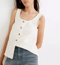 MADEWELL IVORY SLEEVELESS OTTOMAN JACQUARD BUTTON-FRONT TANK Sz XXL