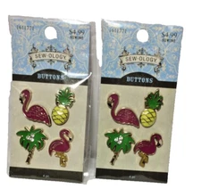 Sew-Ology Enamel Shank Buttons 2 Cards Flamingos, Palm Tree, Pineapple.