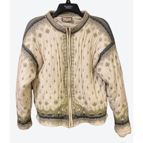 Dale of Norway Women's Small Full Zip Geometric Lined Wool Sweater Cream Green
