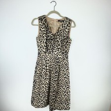 Alex Marie Size 2 Dress Leopard Fit Flare Ruffle V Neck Metallic Gold Brown Zip