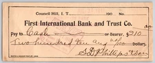 Council Hill, OK Indian Territory* 1910 First International B&T  Check - Scarce