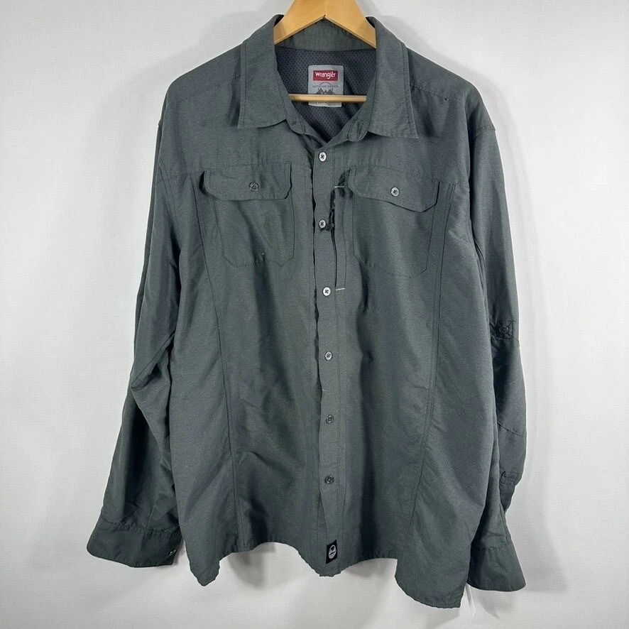 Wrangler Men Outdoor Series Button up Utility Shirt Sz XL Hiking Fishing Gray